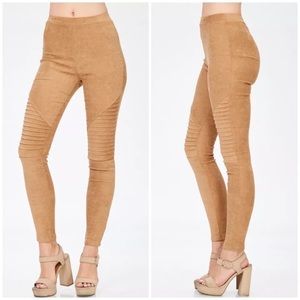 Beige Faux Suede Moto Stretch Casual Leggings